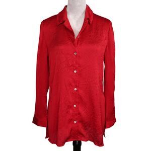 Chicos Top 1 Womens 8 Medium Red Crinkle Fabric Blouse Tunic Button Up Career